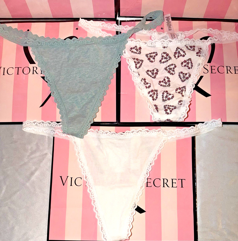 Victorias Secret Thong V-String Cotton XL 3 Pair Lace Sides